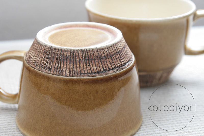 美濃焼 陶器 k7-12 クシ目 マスタード ペア ビッグ マグカップ スープカップ